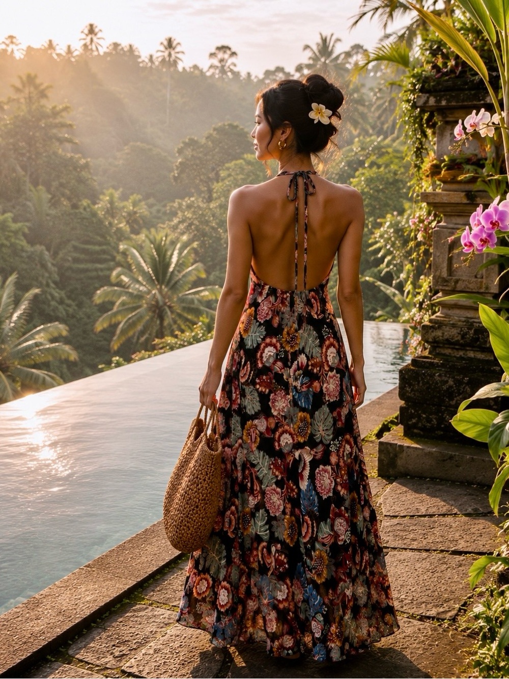 Farm Rio Black Tropical Floral Halter Maxi Dress - Sz Small 🌺 - Picture 2 of 8